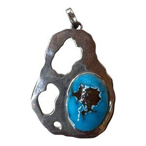Vintage Large 2.5" Turquoise & Sterling Silver Artisan Pendant Unique MCM Modern